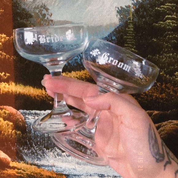 Vintage Midcentury Bride + Groom Champagne Coupe Glasses